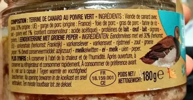 Terrine de canard au poivre vert ingredients label