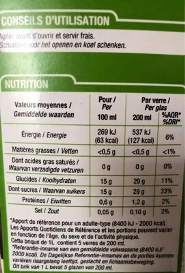 Jus de raisin à base de concentré nutrition facts table