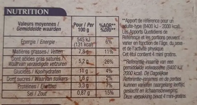 Mini gratins au "Maroilles AOP" nutrition facts table