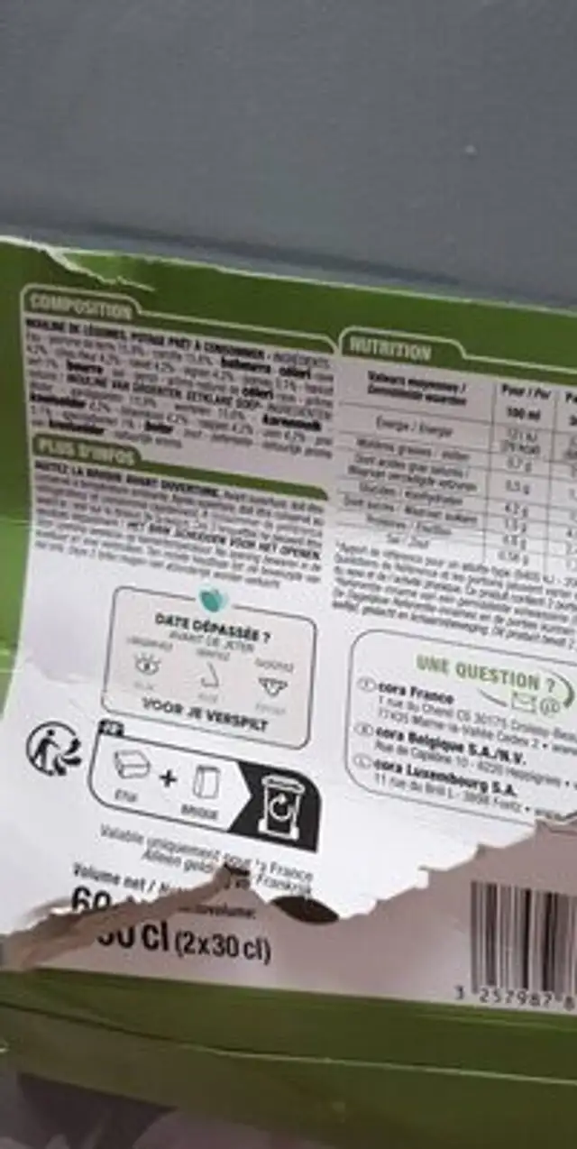 Mouliné de légumes de France nutrition facts table