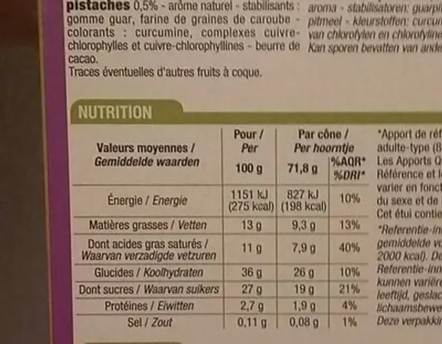 Cônes chocolat pistache éclats de nougatine nutrition facts table
