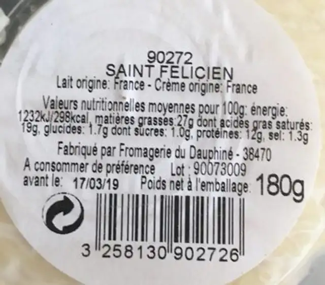 Saint Felicien ingredients label