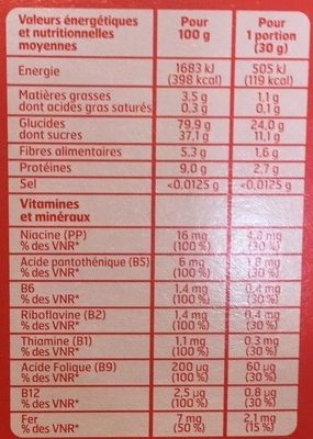 Blé soufflé, au miel nutrition facts table