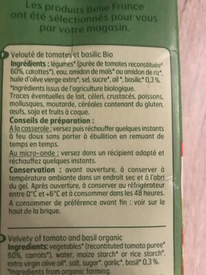 Velouté de tomate et basilic ingredients label