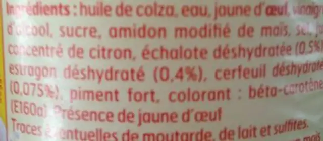 Bx240G.Sauce Bearnaise Bf, ingredients label