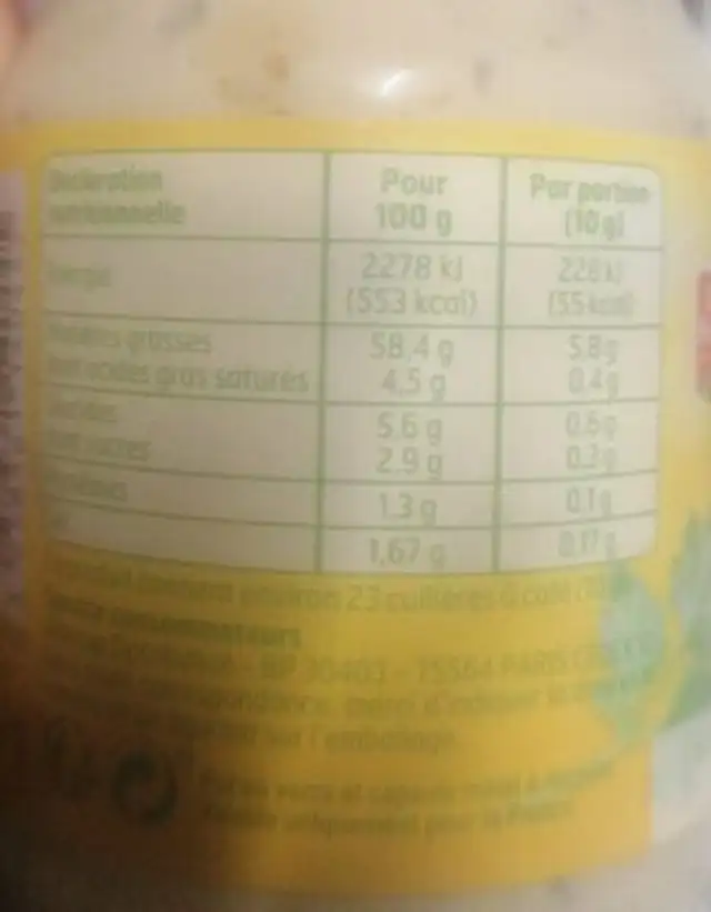 Bx240G.Sauce Bearnaise Bf, nutrition facts table