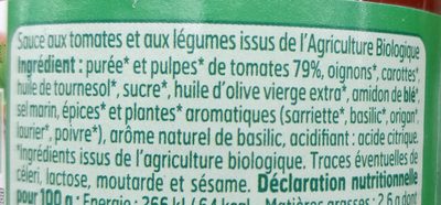 Sauce Provençale Bio ingredients label
