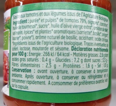 Sauce Provençale Bio nutrition facts table