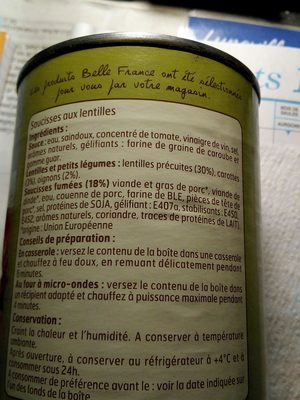 Saucisses aux lentilles cuisinées ingredients label