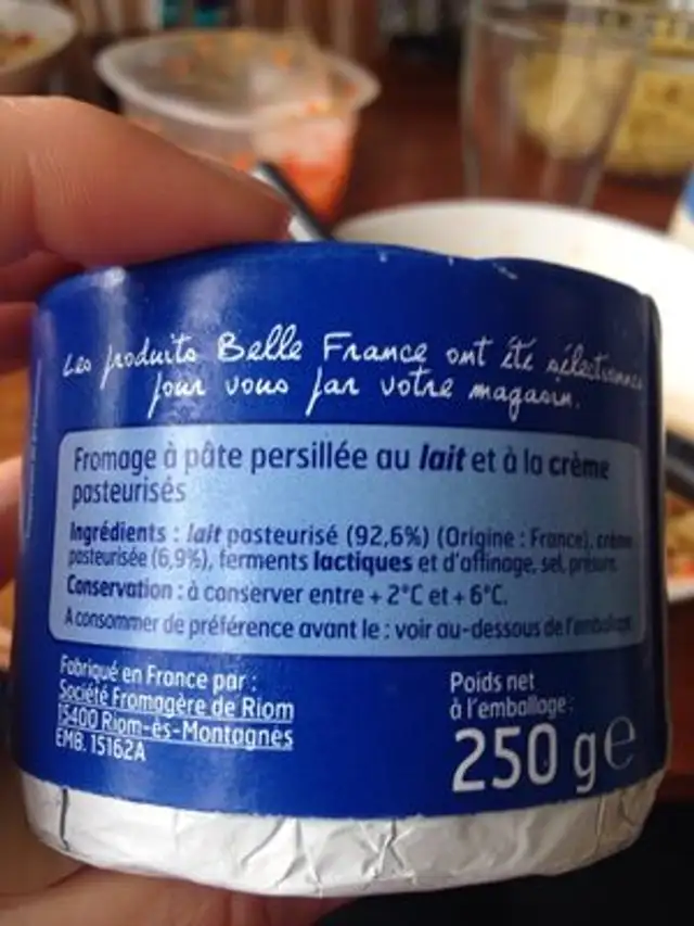 Bleu Lait Entier 250G. Bf, ingredients label