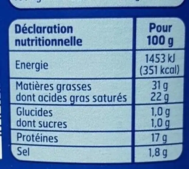 Bleu Lait Entier 250G. Bf, nutrition facts table