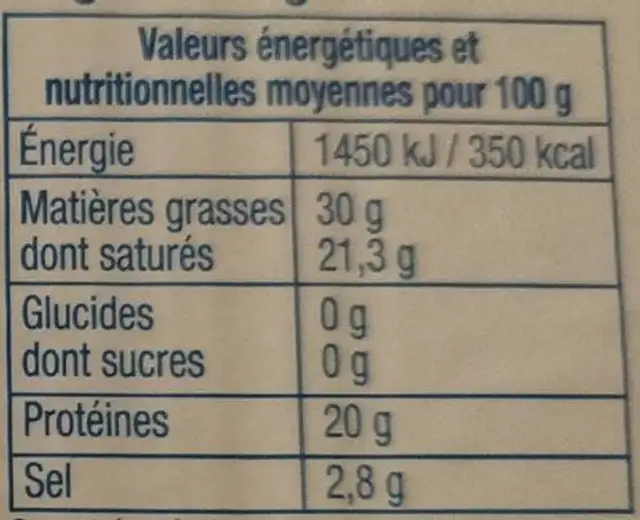 Bleu D'Auvergne 125G nutrition facts table