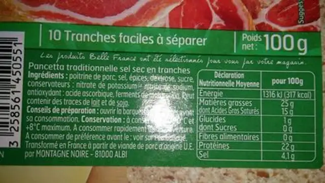 Pancetta ingredients label