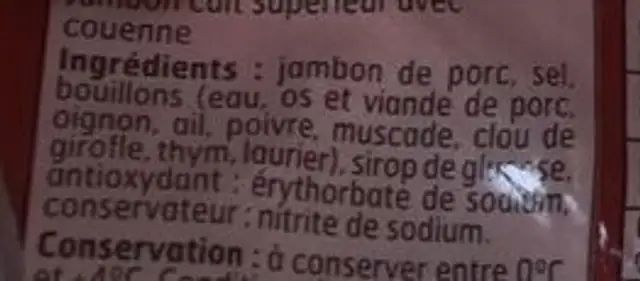 Jambon cuit supérieur ingredients label