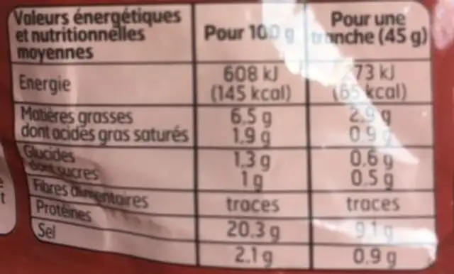 Jambon cuit supérieur nutrition facts table