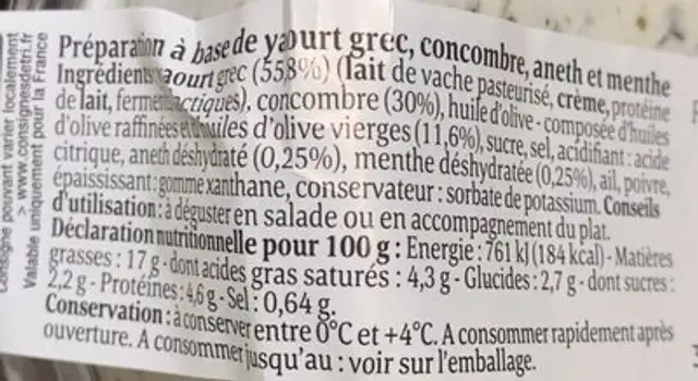 TZATZIKI nutrition facts table