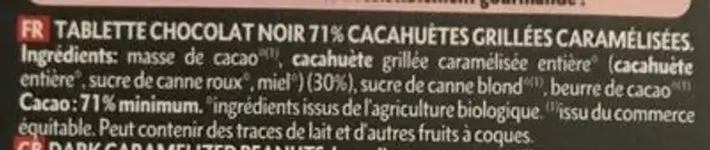 Noir 71% cacahuètes caramélisées ingredients label