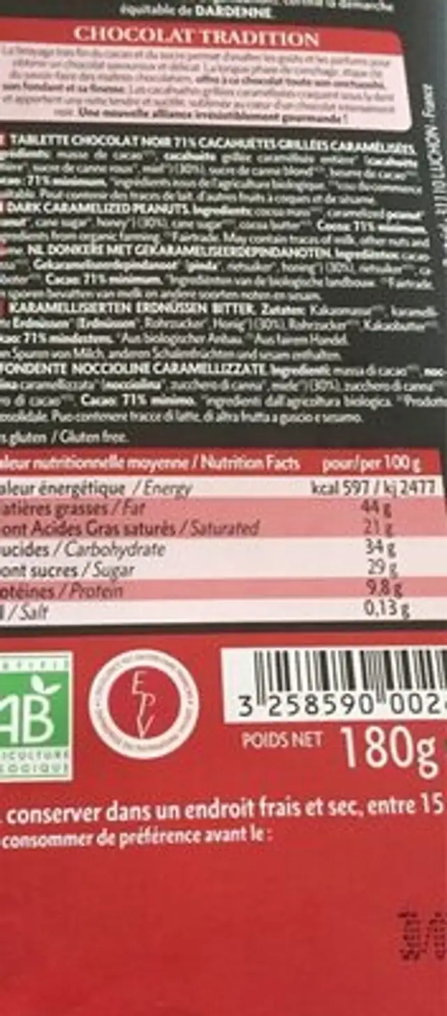 Noir 71% cacahuètes caramélisées nutrition facts table