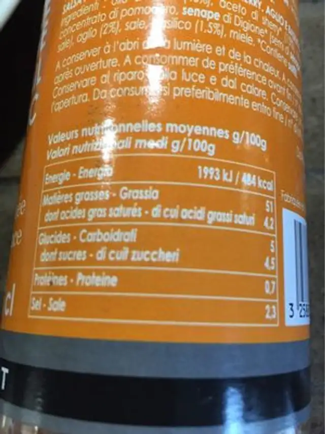 Sauce vinaigrette nutrition facts table