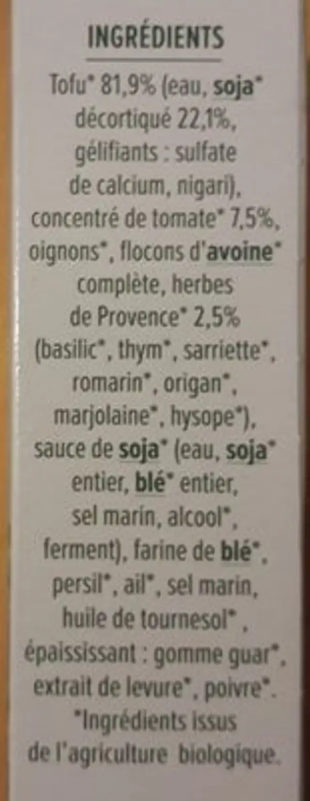 Palets de soja - Tomates et herbes de Provence ingredients label
