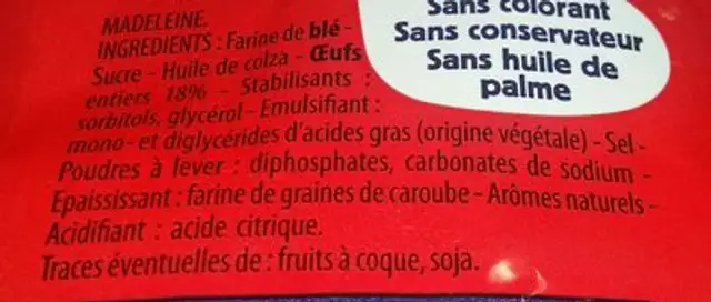 Madeleines ingredients label