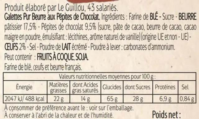 Galettes pépites choco pur beurre - Le Guillou ingredients label