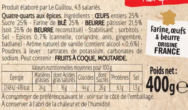Quatre-quart Pur beurre aux épices de Noël - Le Guillou ingredients label