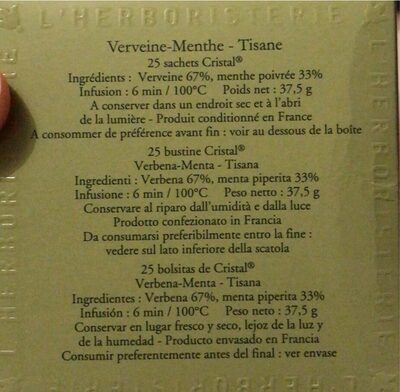 Tisane verveine menthe nutrition facts table