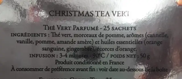 Thé Christmas tea vert ingredients label