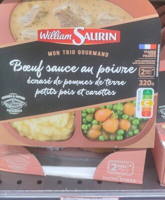 Bœuf sauce au poivre écrasé de pommes de terre petits pois et carottes