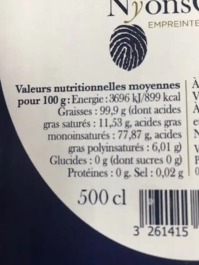 Huile d'Olives nutrition facts table