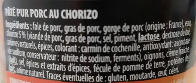 Pâté 'Apéro' Chorizo ingredients label