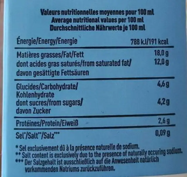 Crème liquide pour cuisson et liaison nutrition facts table