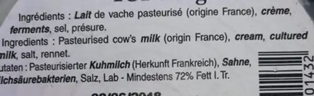 Brillat Savarin ingredients label