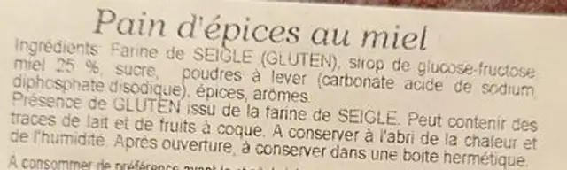 Pain d'epice au miel ingredients label