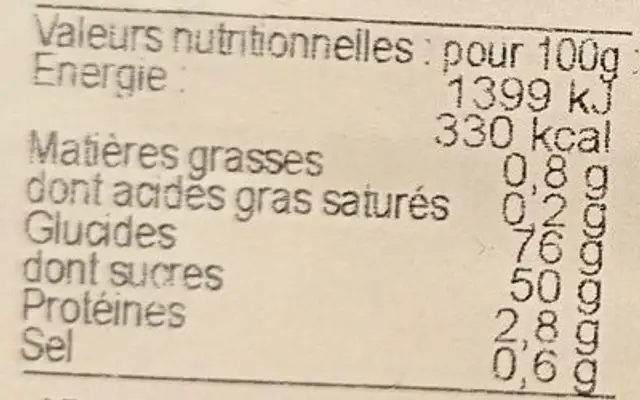 Pain d'epice au miel nutrition facts table
