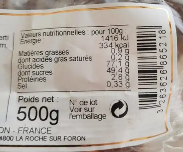 Pain d'épice tranche nutrition facts table