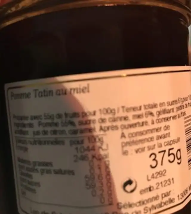 Confiture Pomme Tatin ingredients label