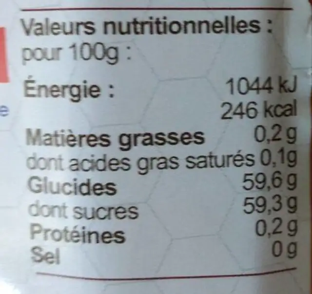 Confiture Pomme Tatin nutrition facts table