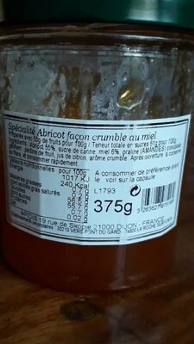 Spécialité abricot crumble au miel nutrition facts table