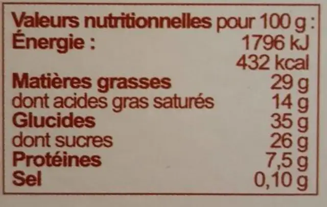Mini financiers Pépites de chocolat et miel nutrition facts table