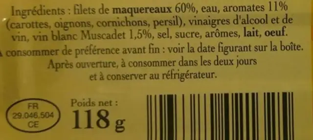 Filets de Maquereaux au Muscadet ingredients label