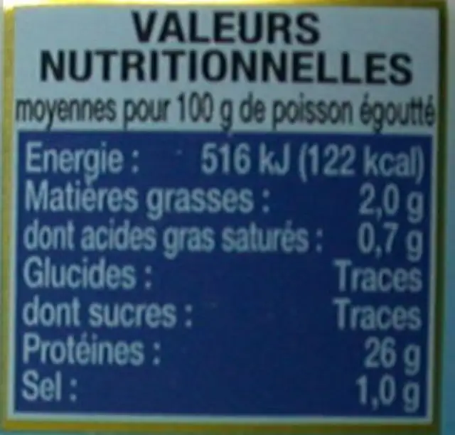 Thon Entier au Naturel nutrition facts table