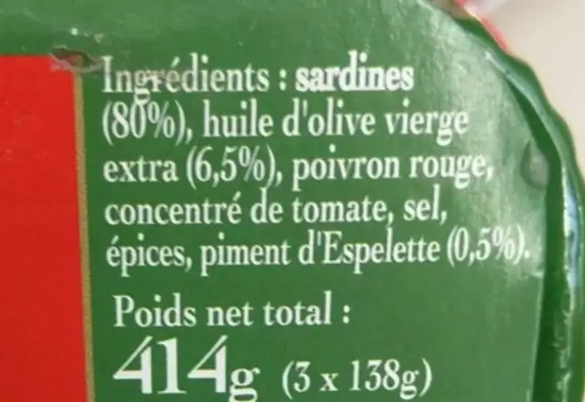Sardines à l'ancienne au Piment d'Espelette ingredients label