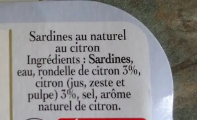 Sardine Nature ingredients label