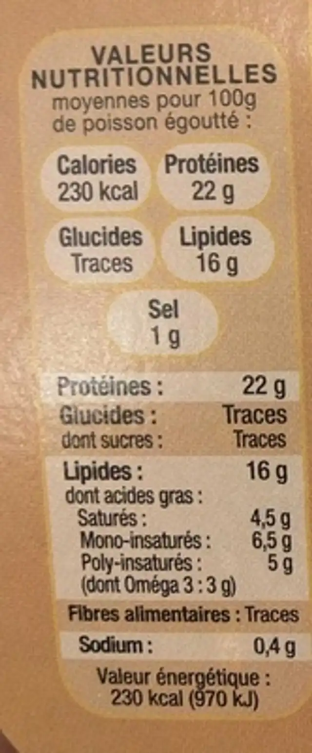Sardines à l'Huile d'Arachide nutrition facts table