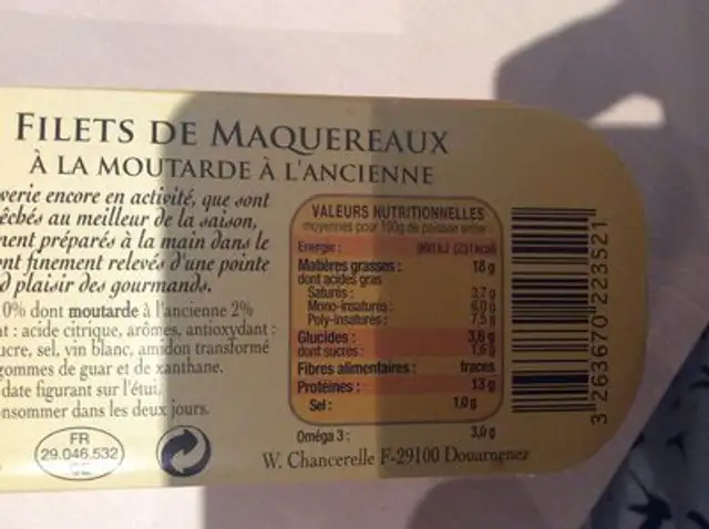 Filets de maquereaux à la moutarde nutrition facts table