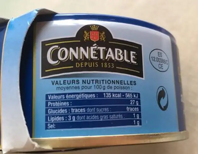 Connetable thon albacore au naturel ingredients label