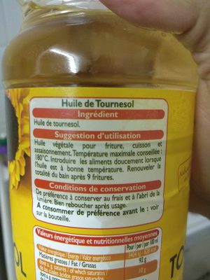 Huile de Tournesol ingredients label