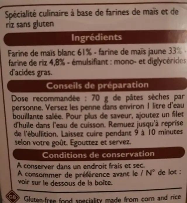 Penne sans gluten nutrition facts table
